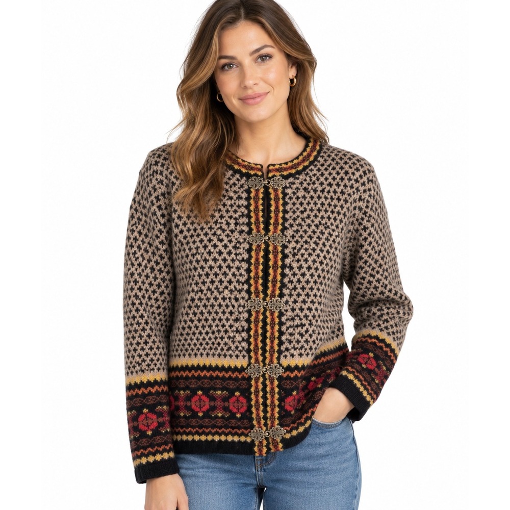 Cambridge Dry Goods Wool Nordic Fair Isle Cardigan Clasp Sweater Brown Small